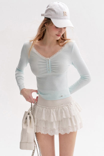 Romantic French V-Neck Knit T-Shirt