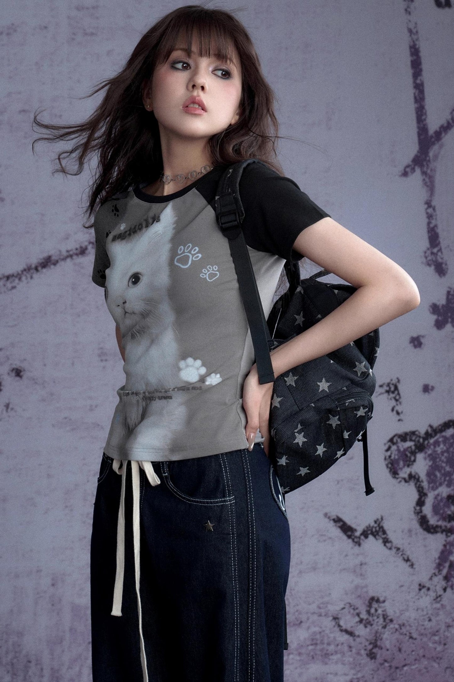 Fighting Spirit Cat Print Raglan Tee