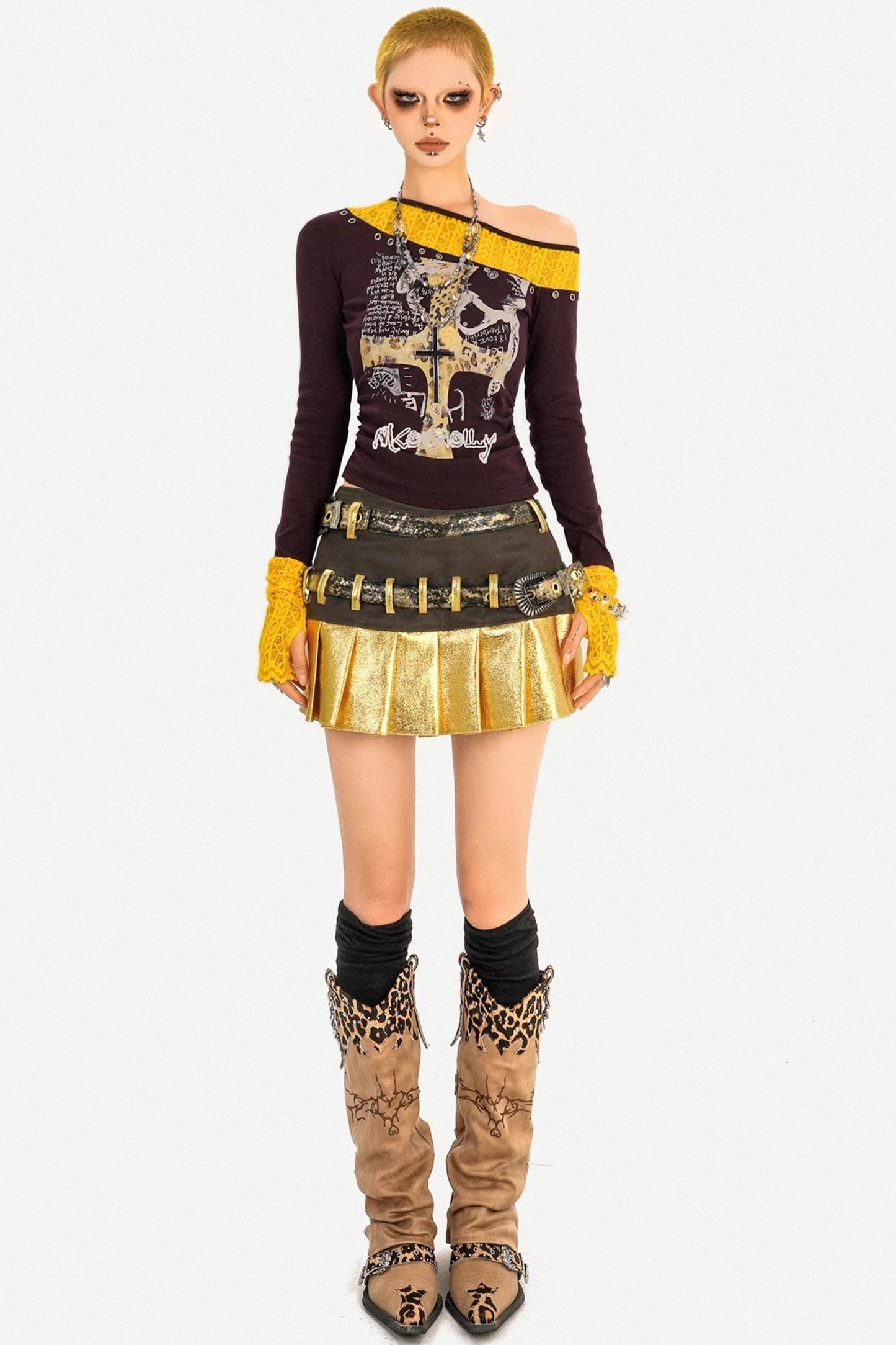 Gold Patchwork Pleated Skirt