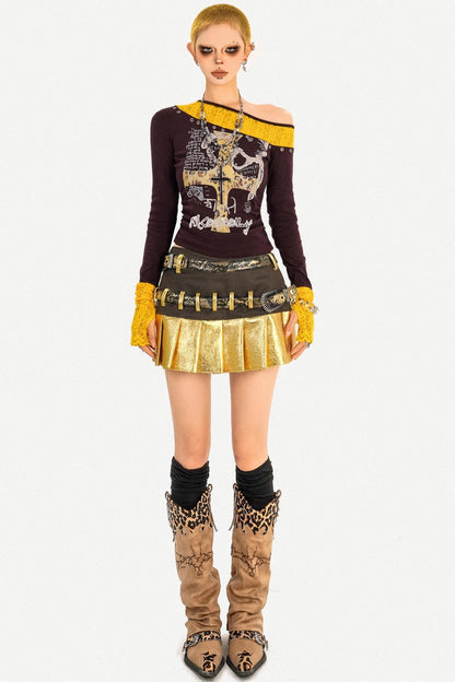 Gold Patchwork Pleated Skirt