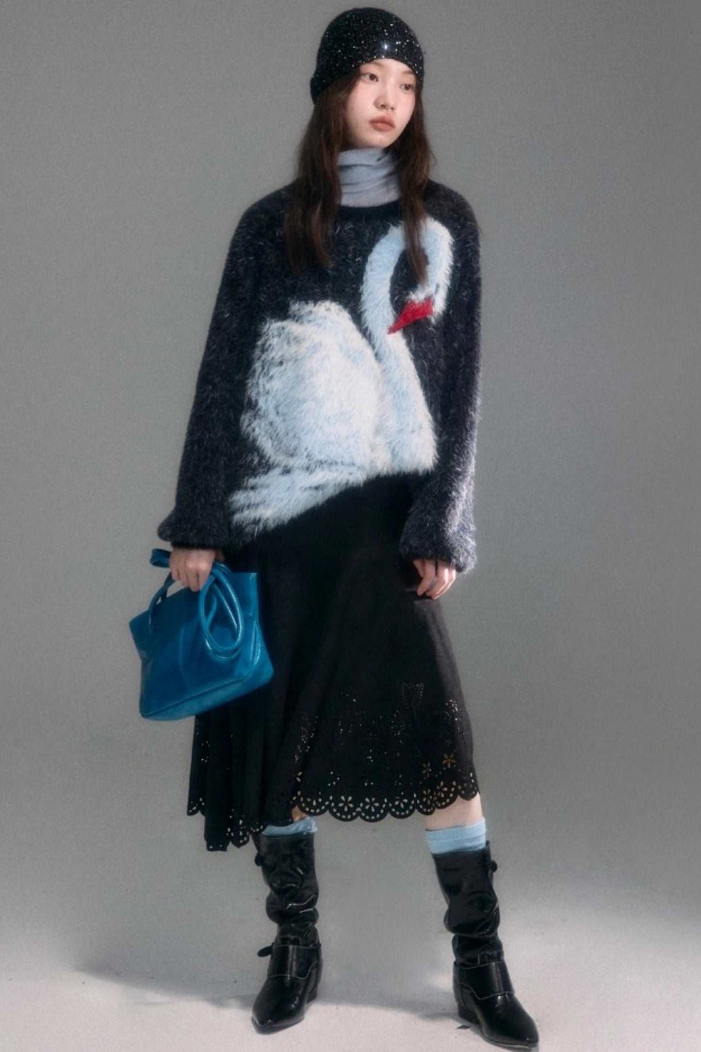 Moonlight Swan Faux Velvet Sweater