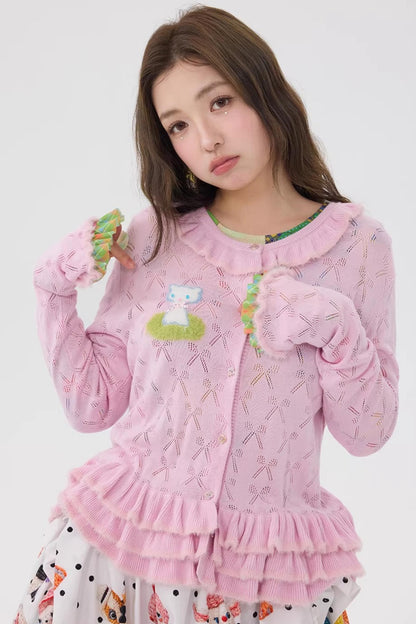 Pink Lace Cut Out Cardigan Top