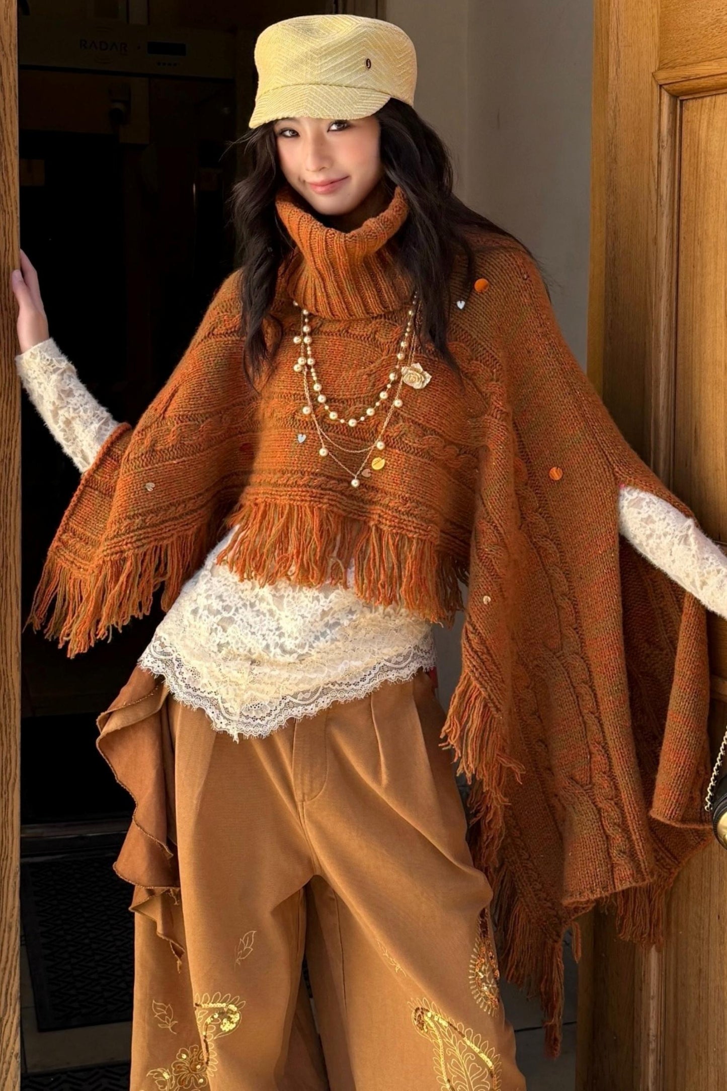 Sweet Vintage Fringe Wool Cape Top Set-Up