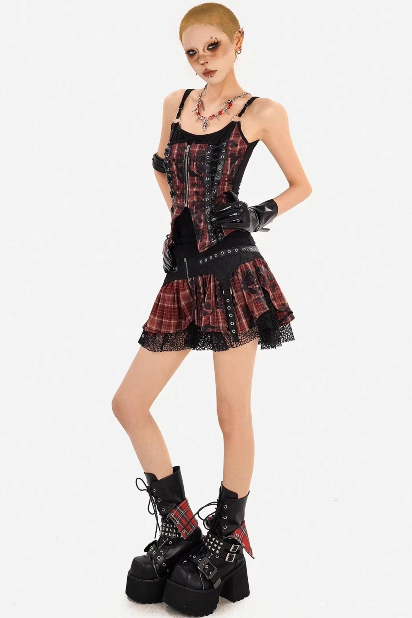 Dark Red Plaid Camisole Skirt Set-Up