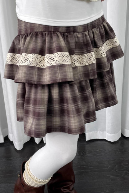 Coffee Plaid Patchwork Puffy Skirt