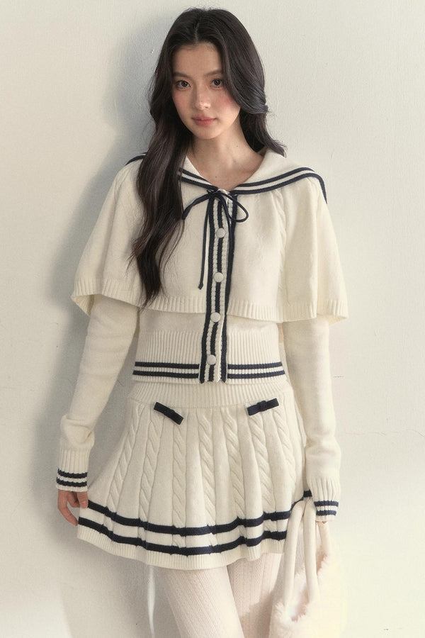 Vintage Navy Twist-Knit Cape Sweater Set-Up