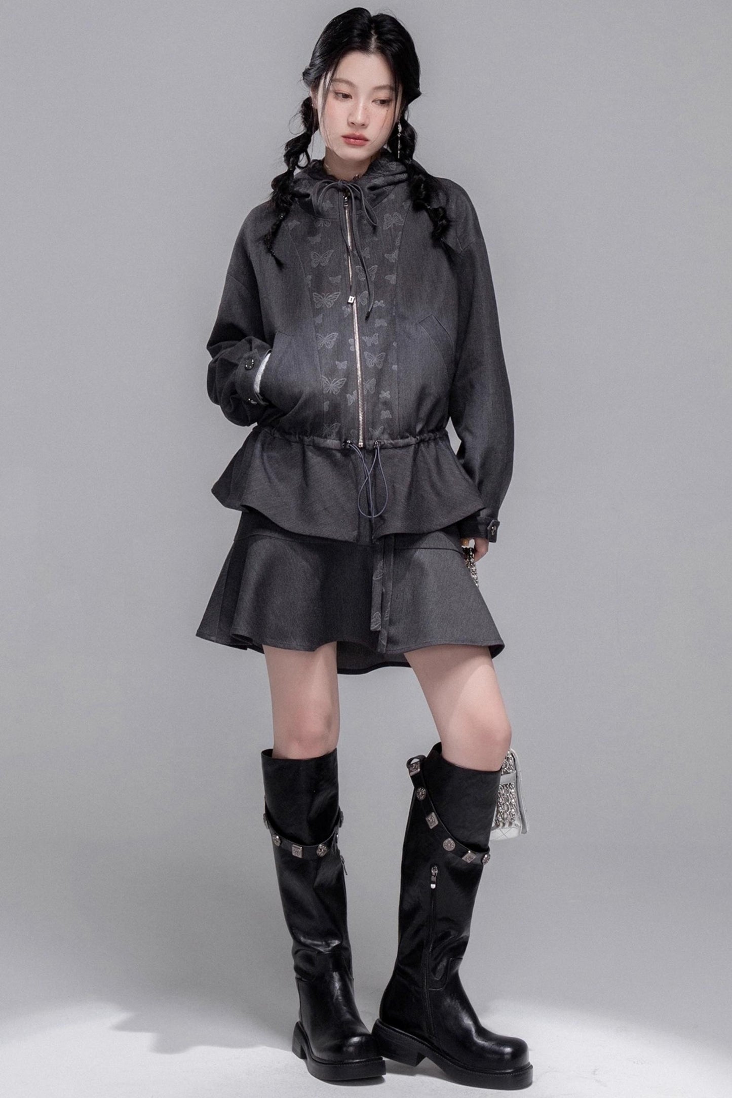 Morning Gray Patchwork Hooded Jacket Set