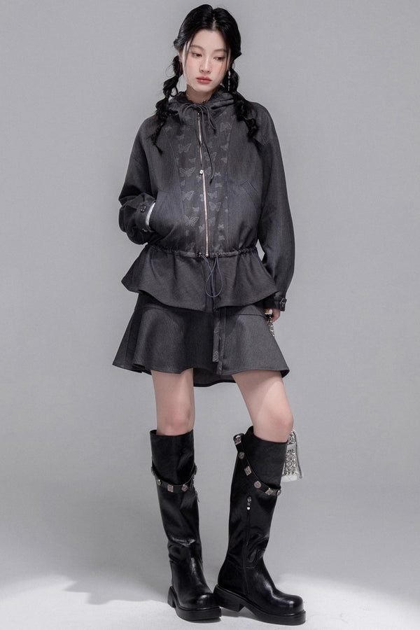 Morning Gray Patchwork Hooded Jacket Set