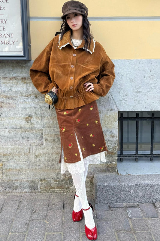 Vintage Embroidered Rose Leather Jacket Set-Up