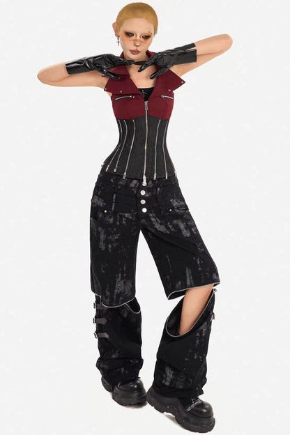 Color-Block Denim Zipper Vest
