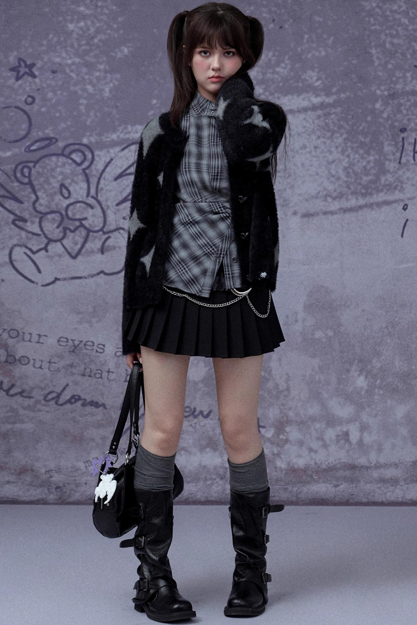 Gray-Blue Plaid Placket Long-Sleeved Shirt