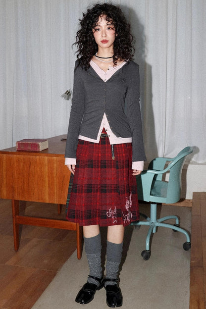 Retro Casual Pleated Plaid Skirt