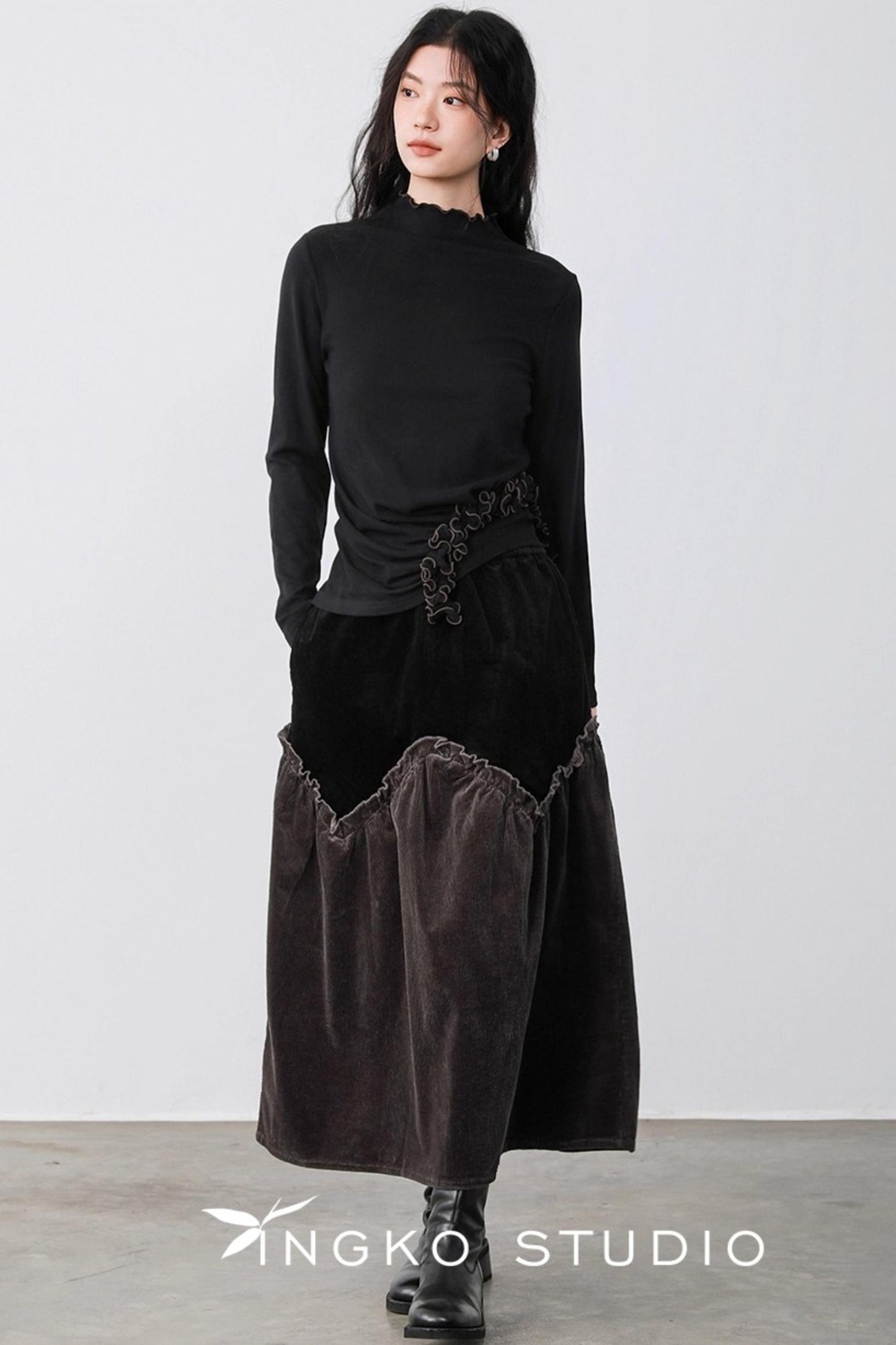 Gray Coffee Spliced Corduroy Skirt