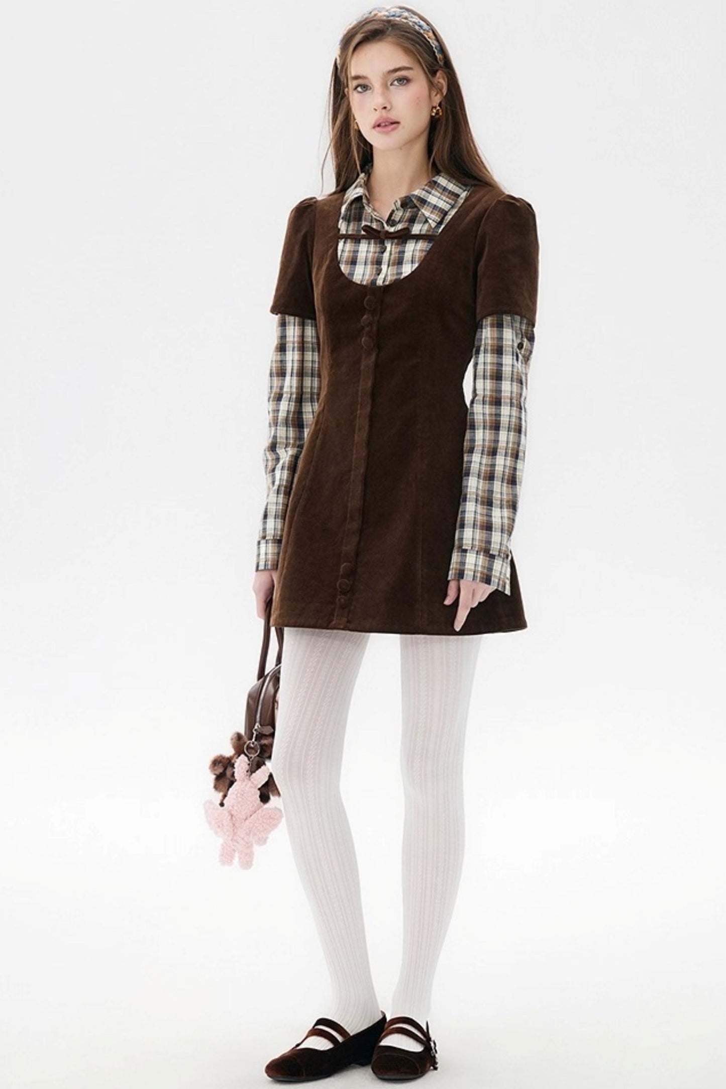 Brown Plaid Corduroy Dress