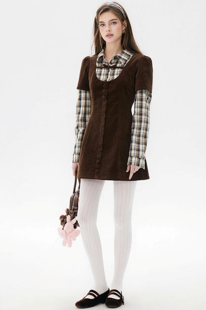 Brown Plaid Corduroy Dress