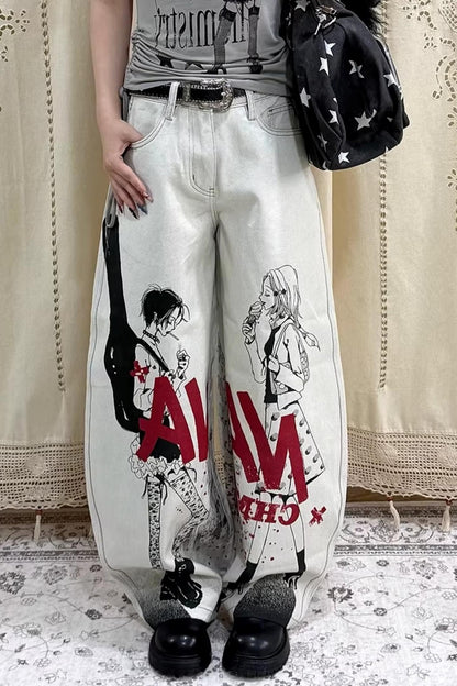 Printed Denim Scimitar Pants