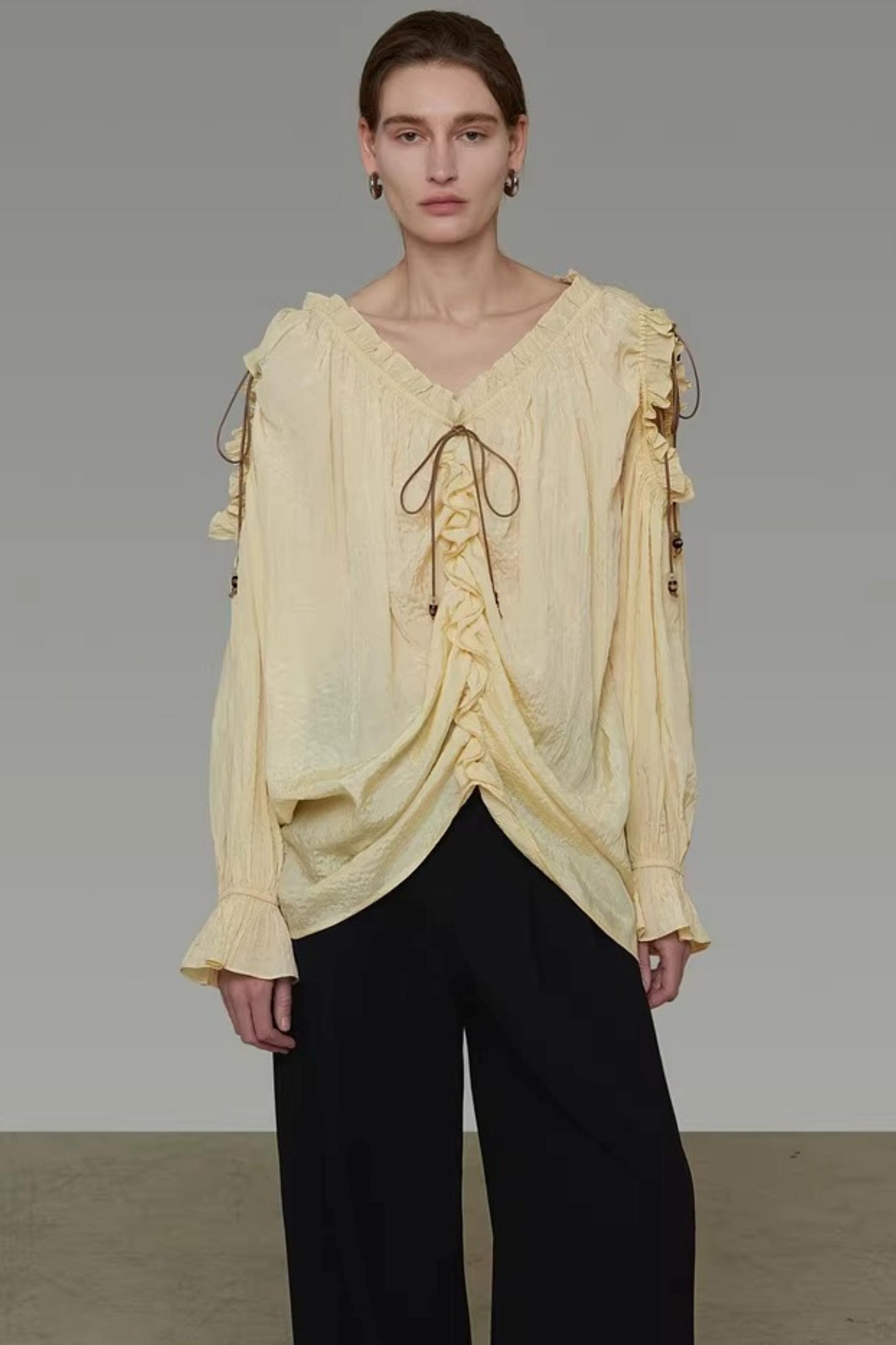 Drawstring Bead V-Neck Shirt