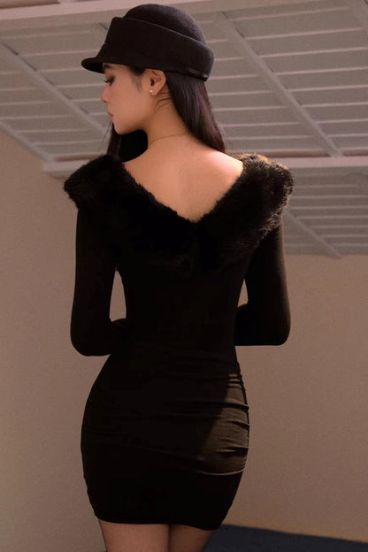 Furry V-Neck Slim Dress