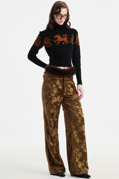 Brown Floral Jacquard Pants