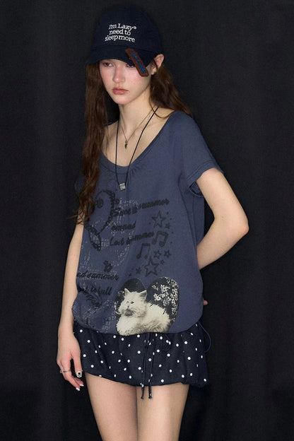 Cat Print Drawstring Short Sleeve T-Shirt