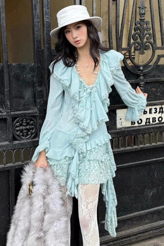 Vintage Velvet V-Neck Lace Dress