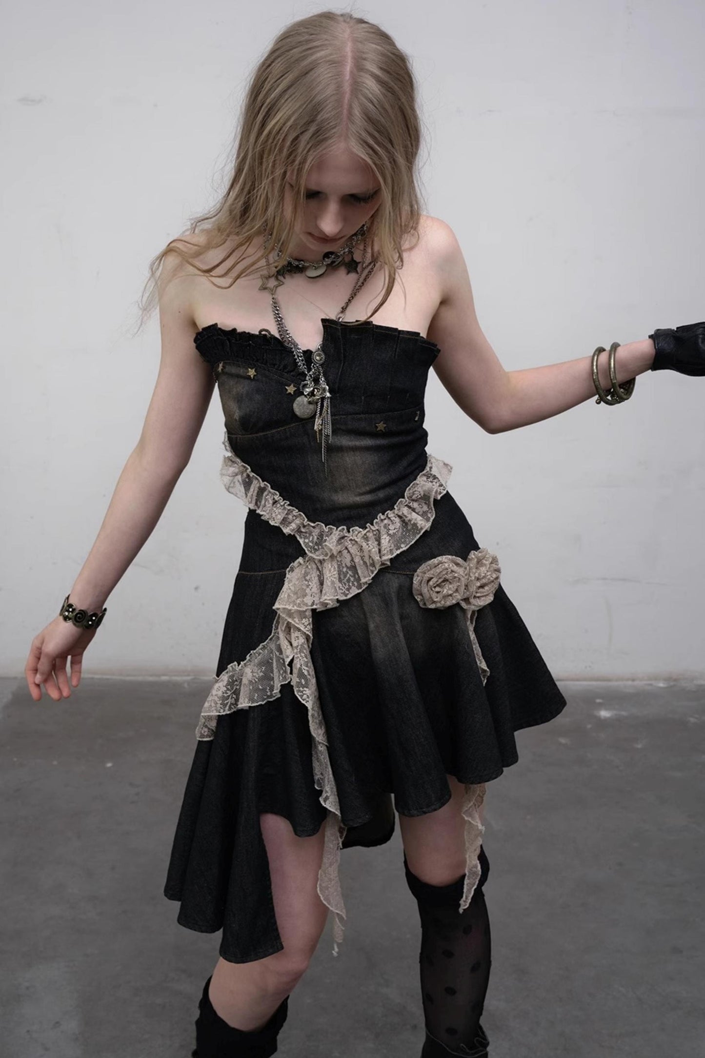 Vintage Black Lace Denim Dress