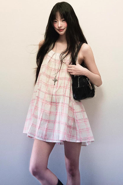 Pink Plaid Summer Vest Dress