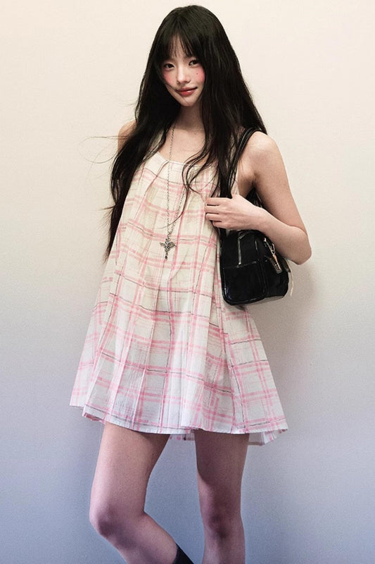 Pink Plaid Summer Vest Dress