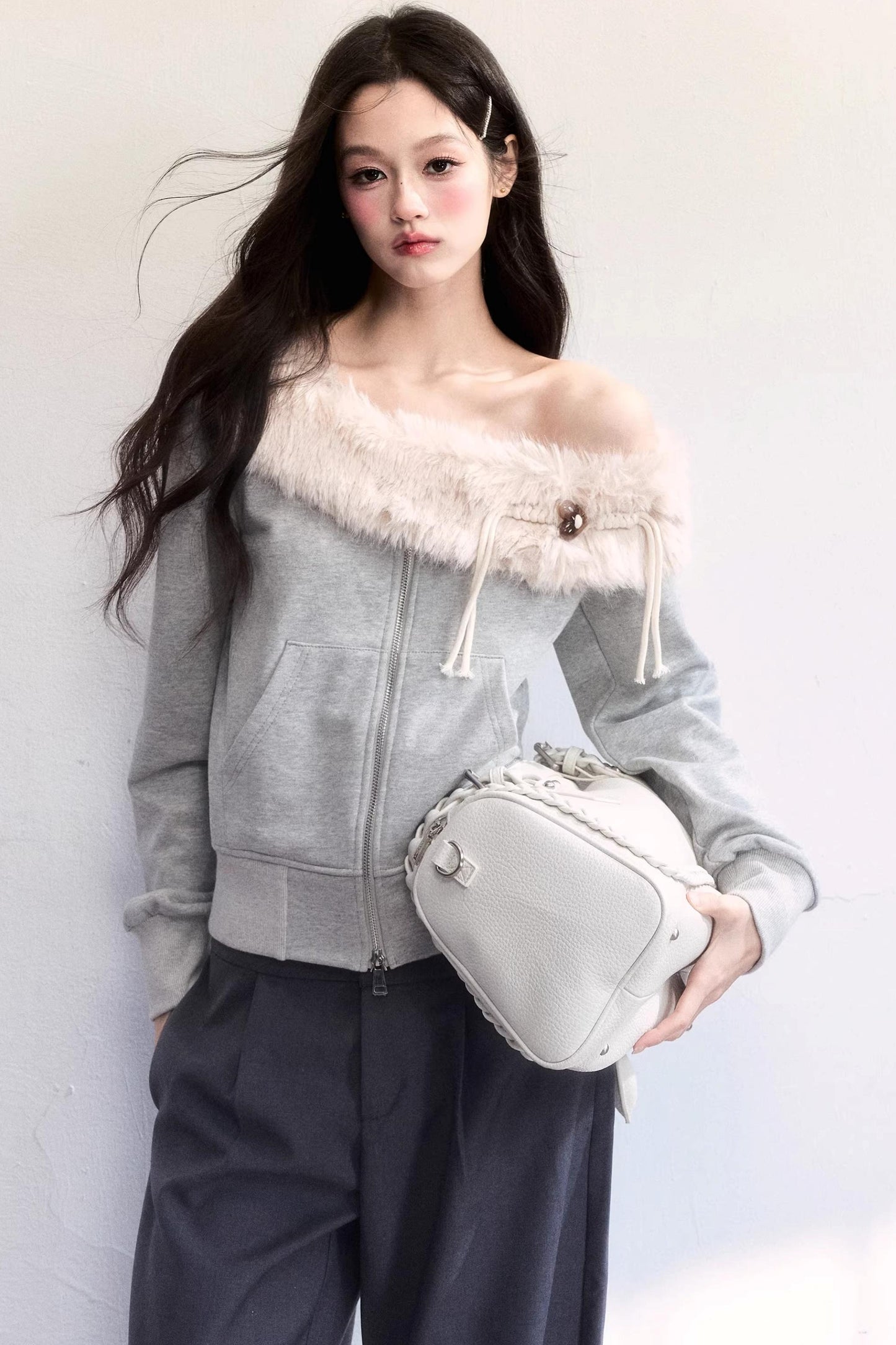 Mist Gray Off-Shoulder Fur Jacket
