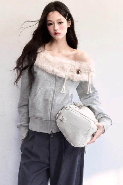 Mist Gray Off-Shoulder Fur Jacket