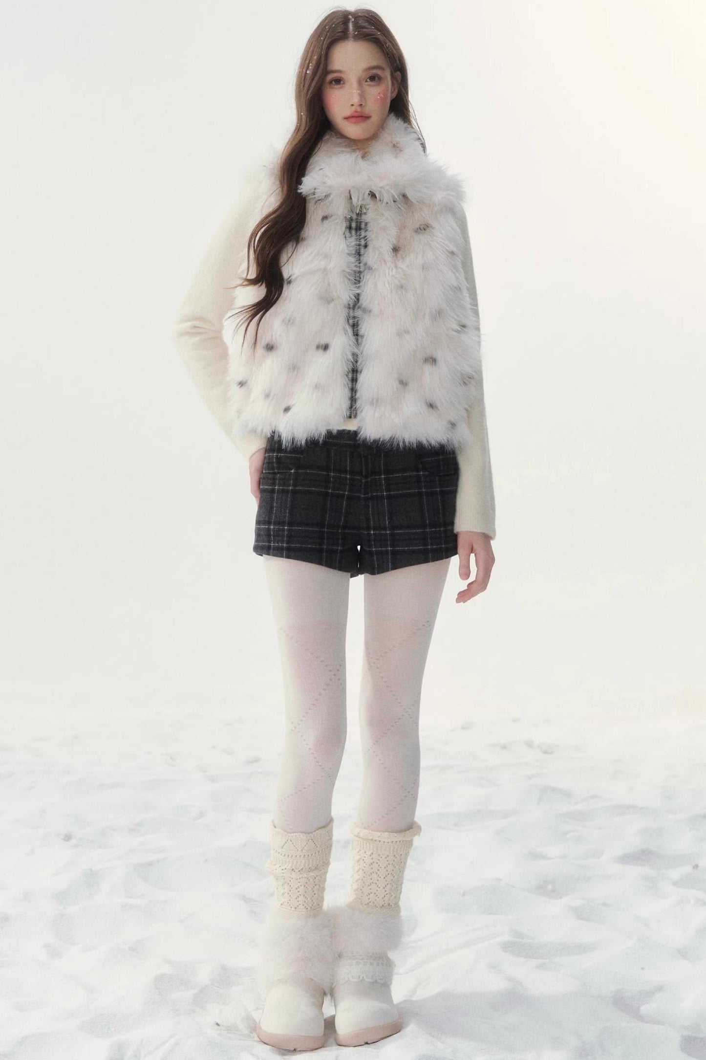 Polka Dot Plaid Fur Coat