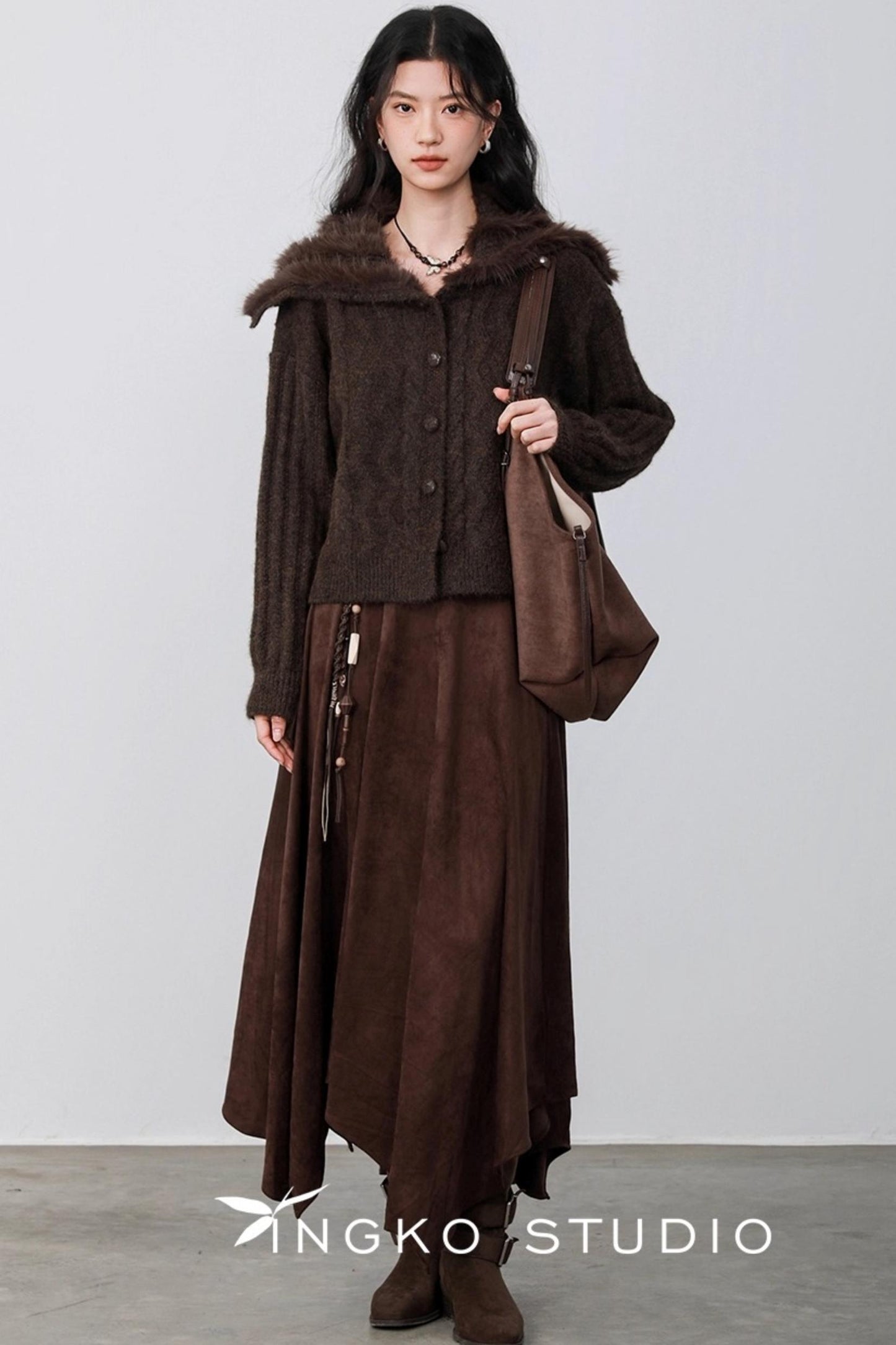 Caramel Brown Fur Collar Cardigan