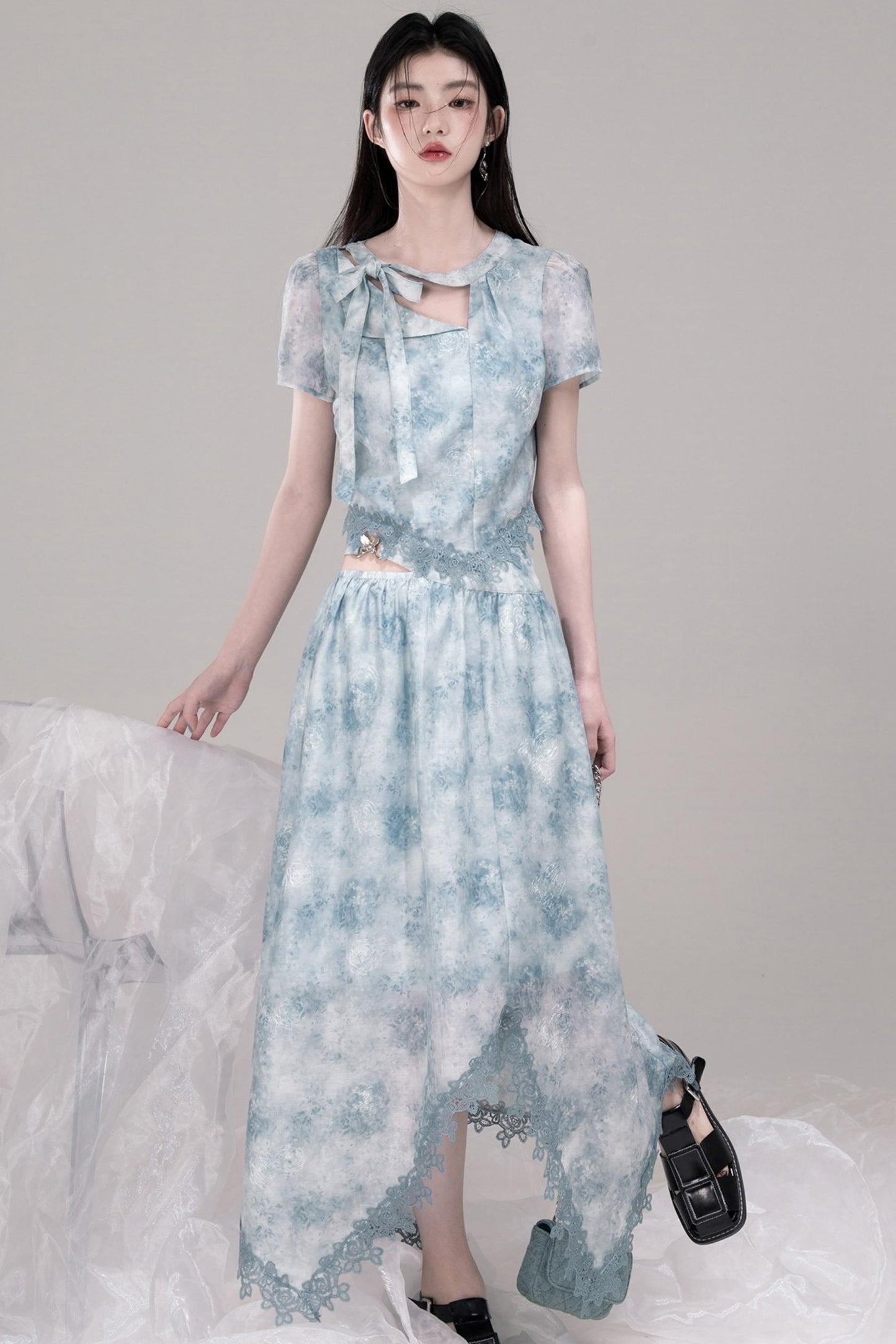 Blue Bow-Collar Shirt & Cutout Skirt Set