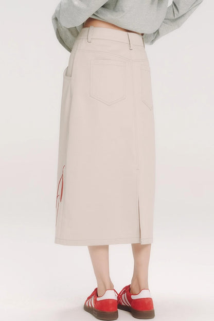 Red Cherry Embroidered Midi Skirt