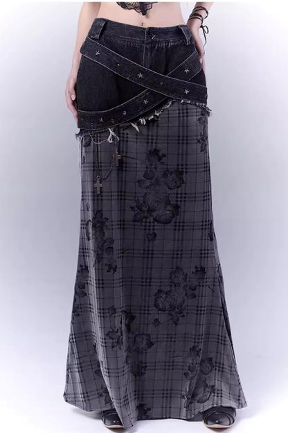 Rose Checkered Denim Skirt