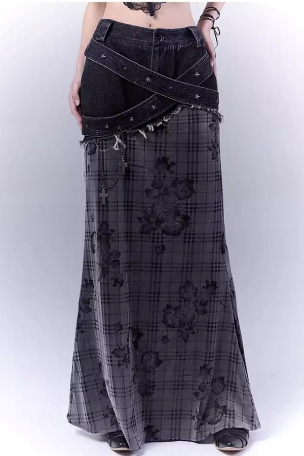 Rose Checkered Denim Skirt