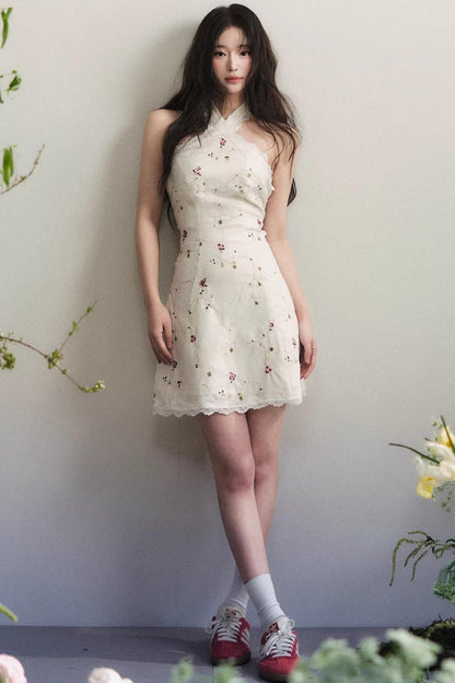 White Lace Halter Short Dress