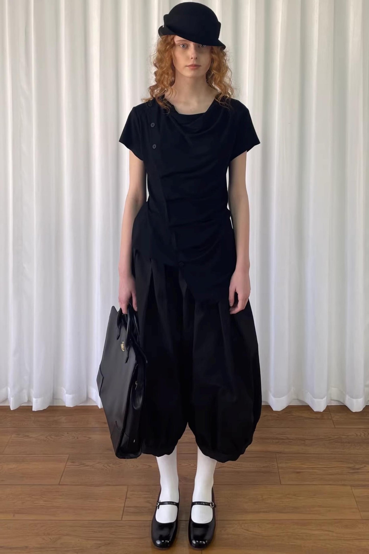 Pleated Irregular Neckline Top