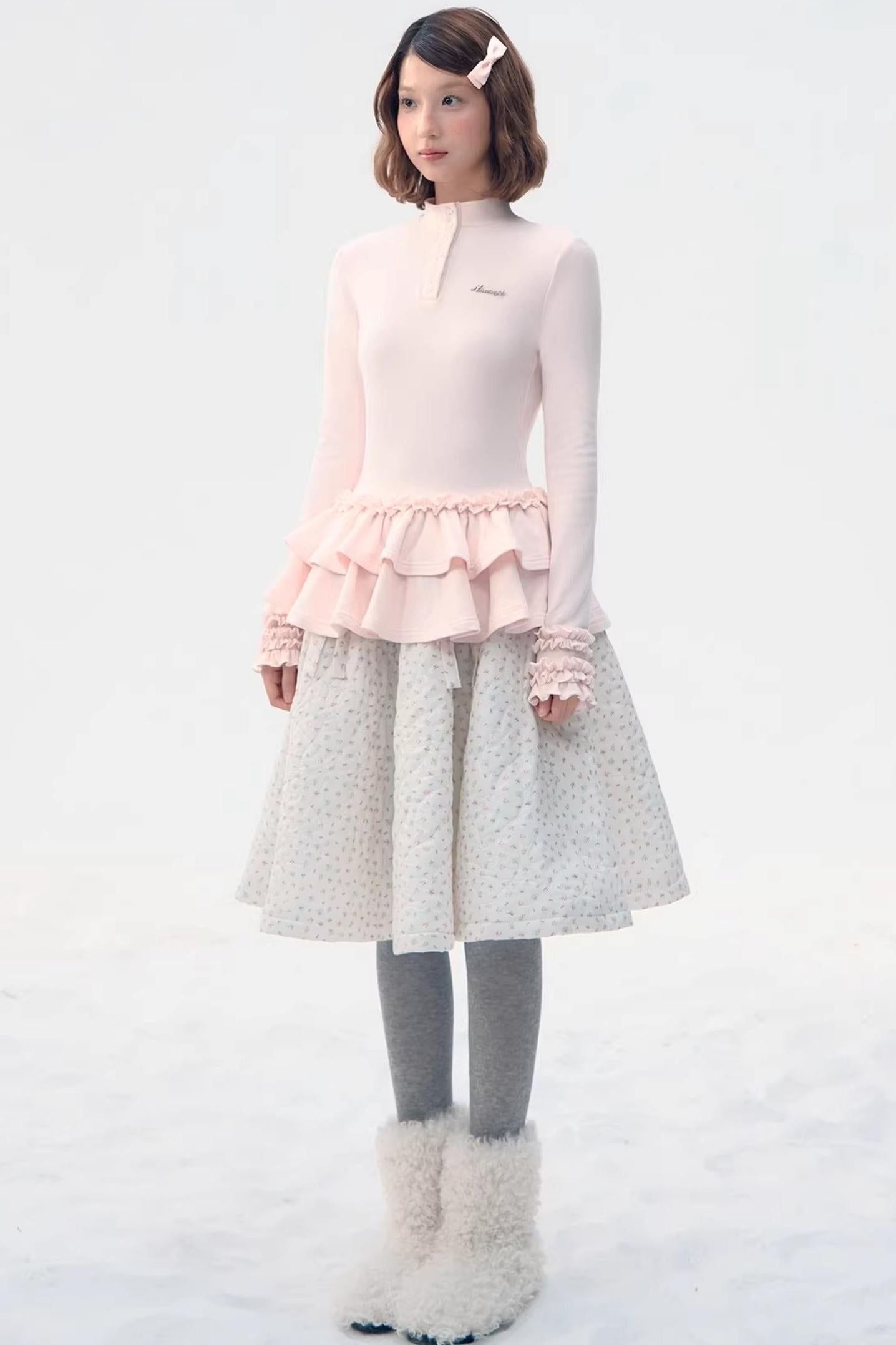 Six-Button Lace Hem Blouse Top