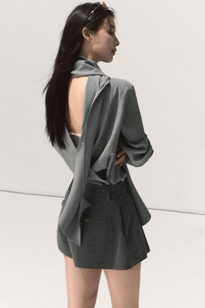 Intelligence Streamer Shoulder Padded Backless Top Shorts Set- Up