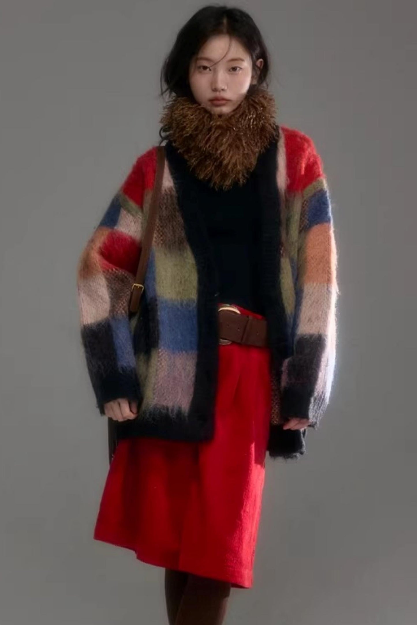 Color-Block-Strickjacke aus Wolle mit Karomuster