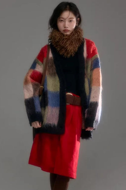 Color-Block-Strickjacke aus Wolle mit Karomuster