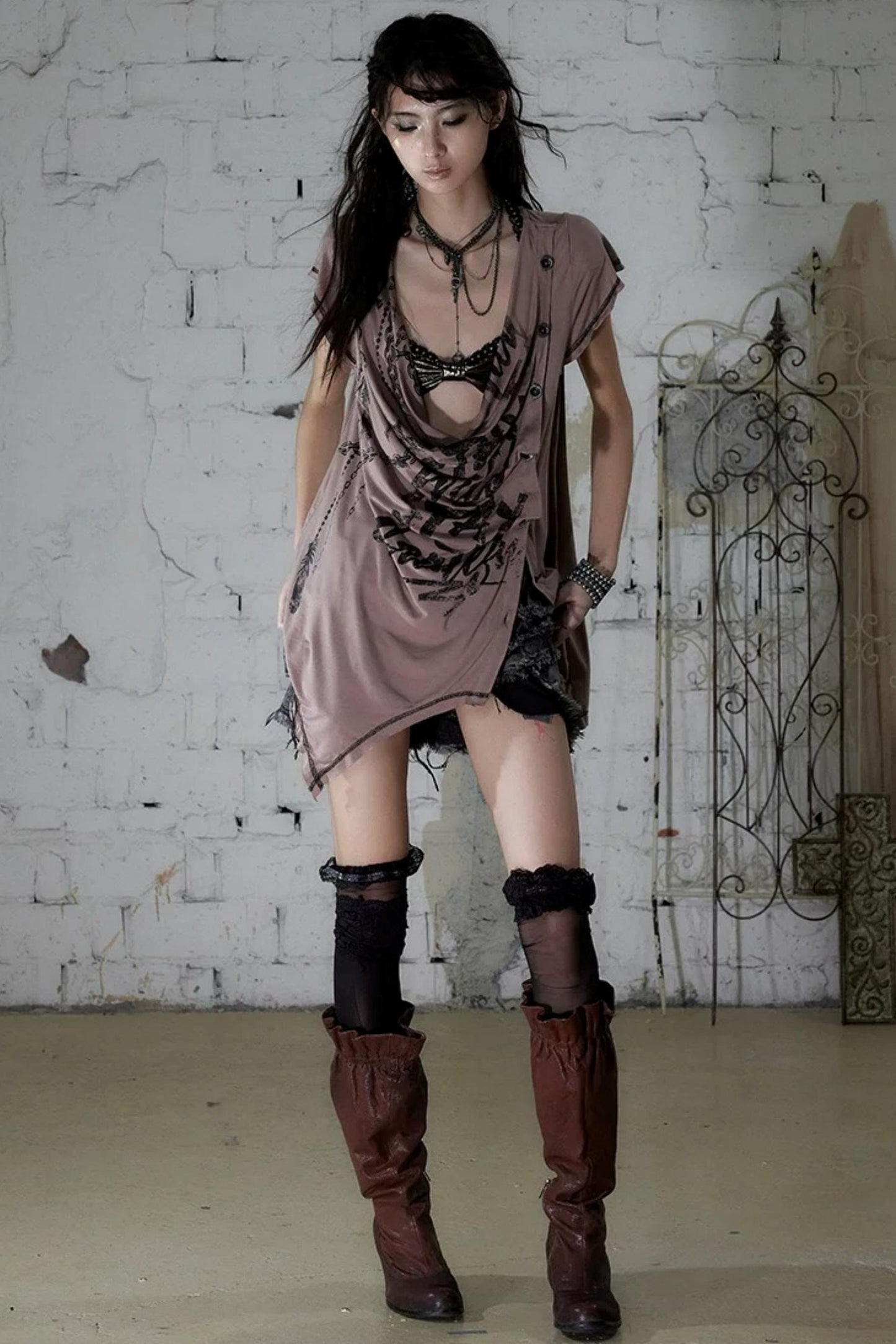 Punk Asymmetrical Neckline T-Shirt Set-Up