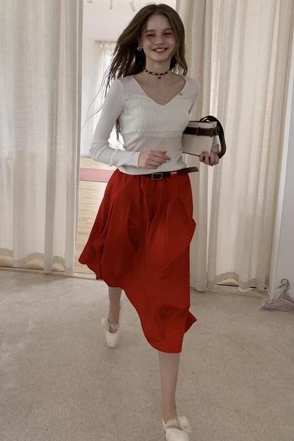 Textured V-neck Wool Knit Slim Top