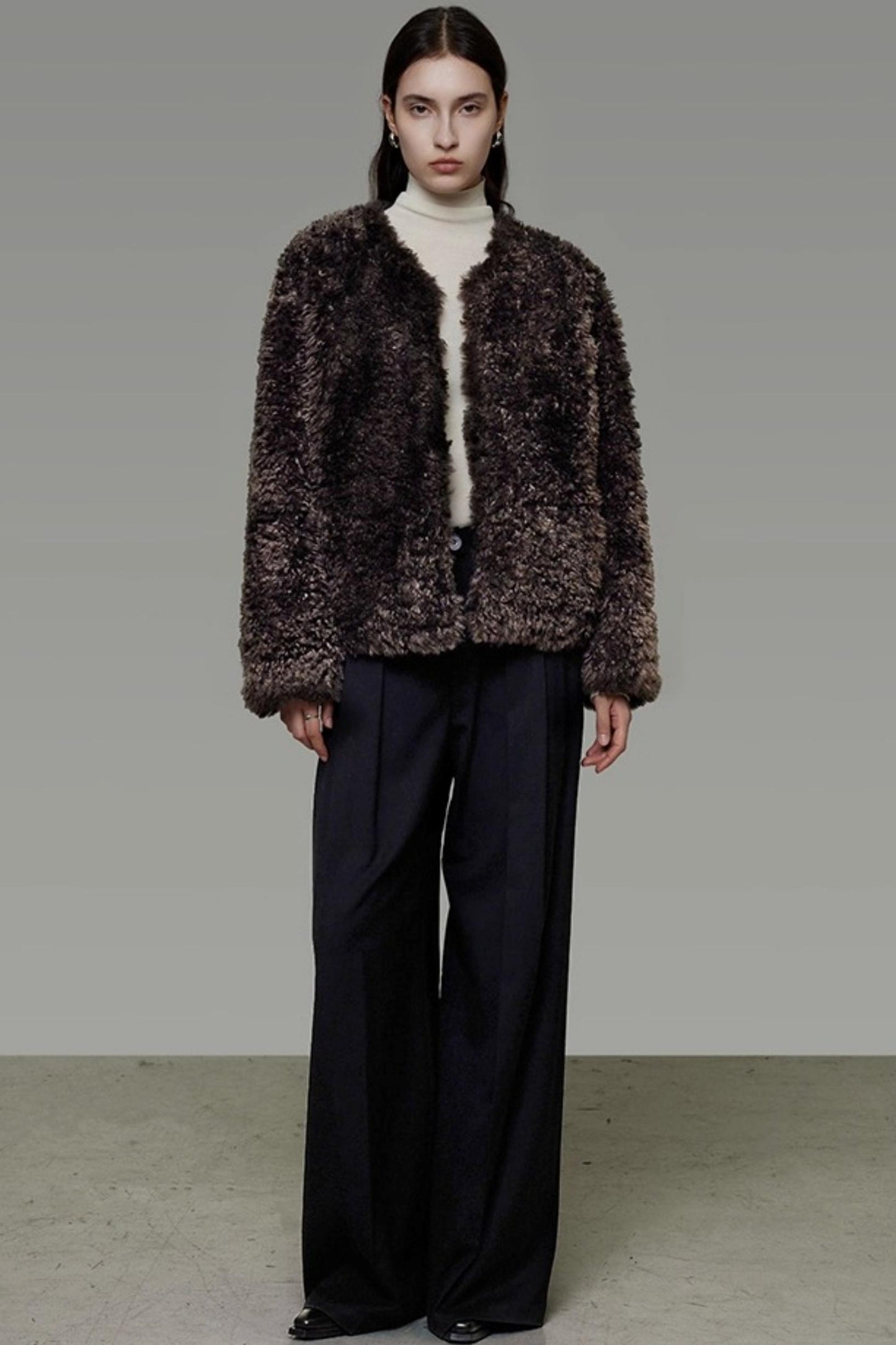 Collarless Lamb Wool Coat