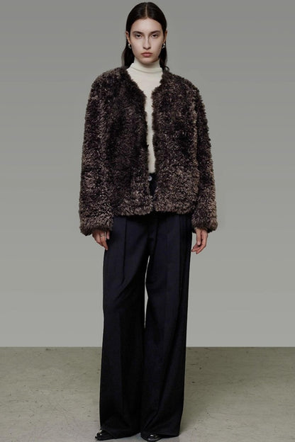 Collarless Lamb Wool Coat