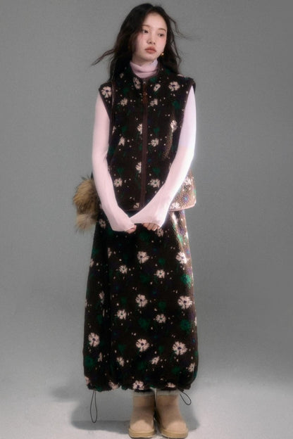 Floral Faux Lamb Wool Vest Jacket Set-Up