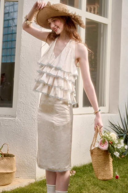 Lemon Floral Satin Lace Top Set-Up