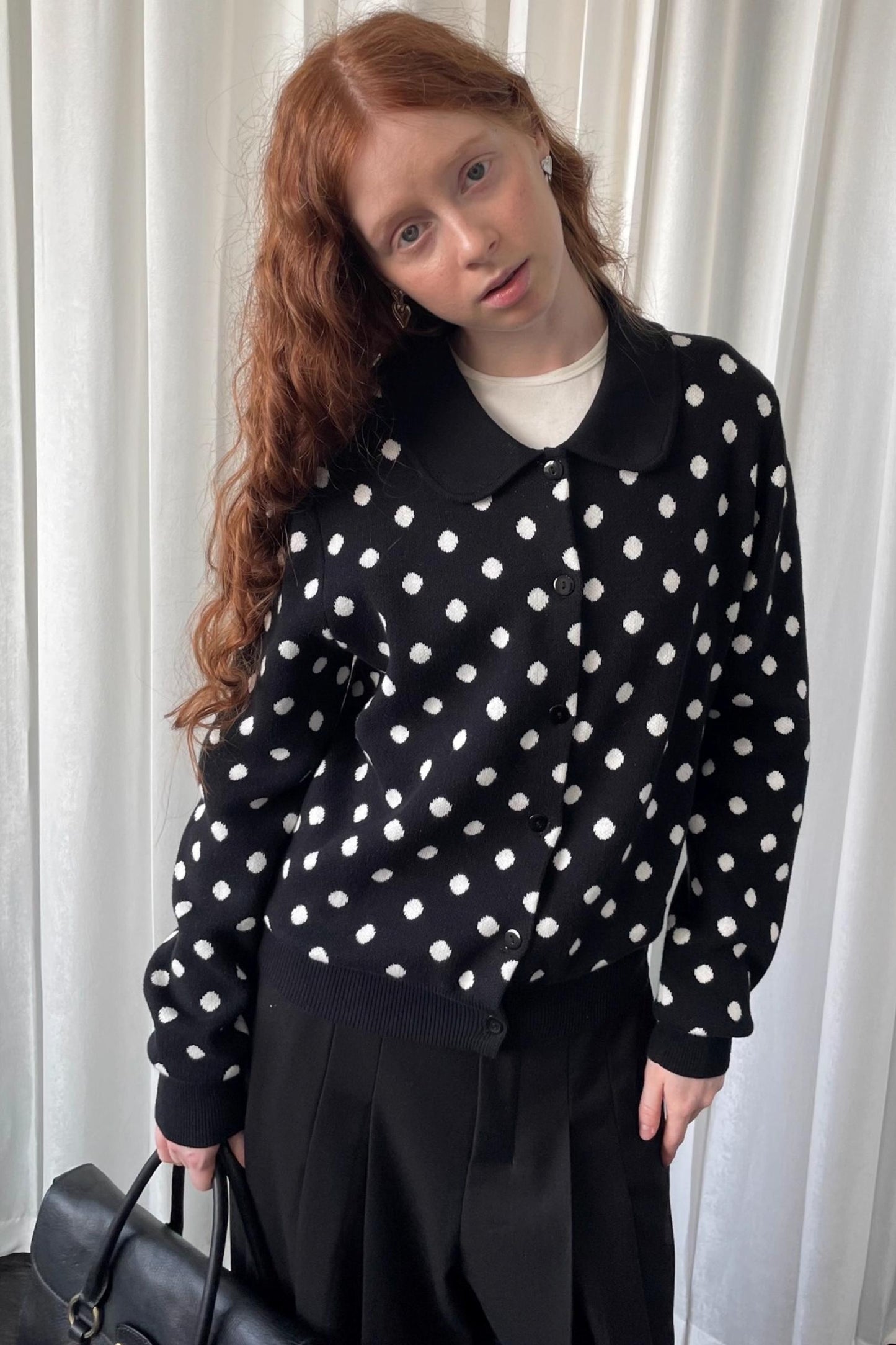 Polka Dot Doll Collar Knitted Cardigan
