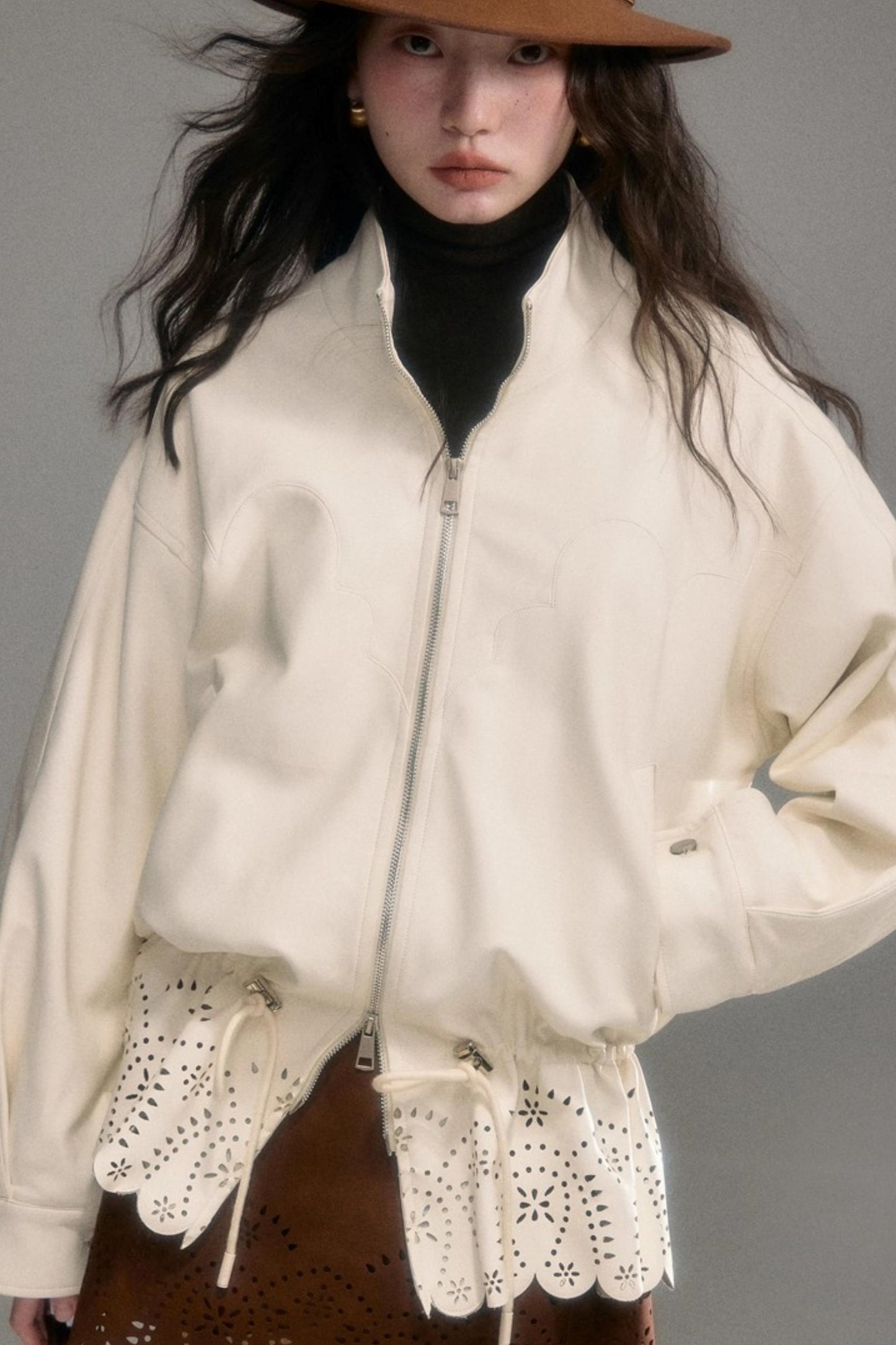 Hollow-Out Floral Leather Jacket